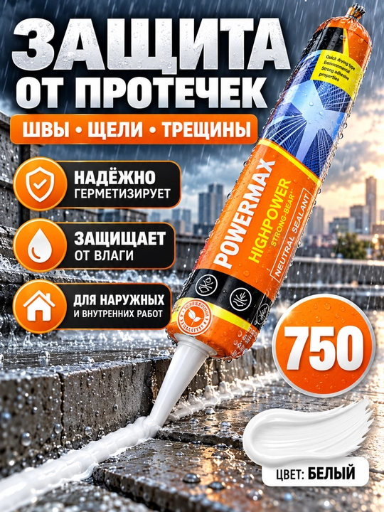 POWERMAX neytral silikon germetik 600 ml, choklar va tirqishlarni germetiklash uchun