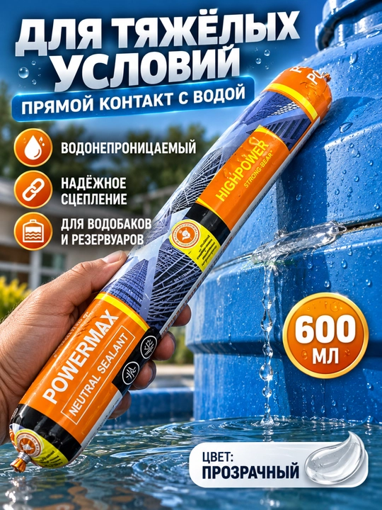 POWERMAX neytral silikon germetik 600 ml, choklar va tirqishlarni germetiklash uchun