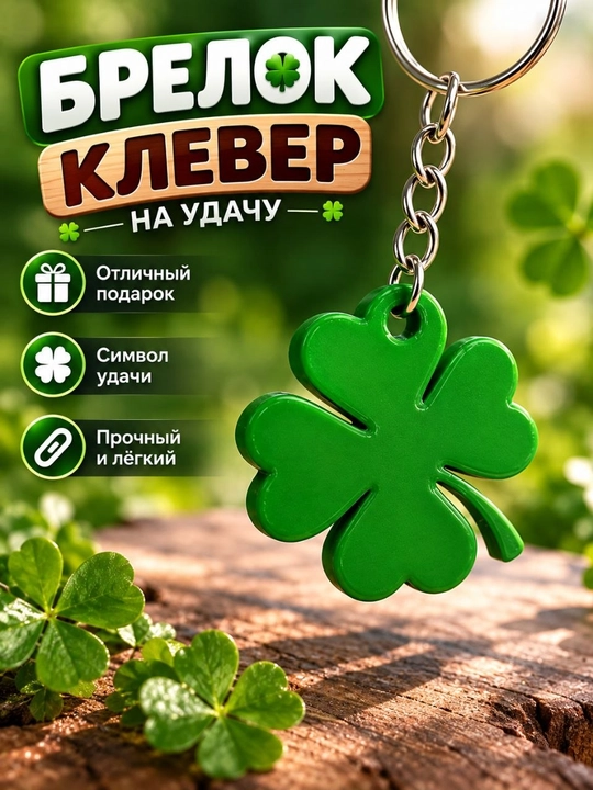 Брелок в виде четырёхлистного клевера для ключей, рюкзака и сумки, 1 шт, Malldy - 