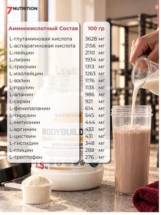 7Nutrition Bodybuilder Гейнер 1500 г, 40 г белка, для набора массы