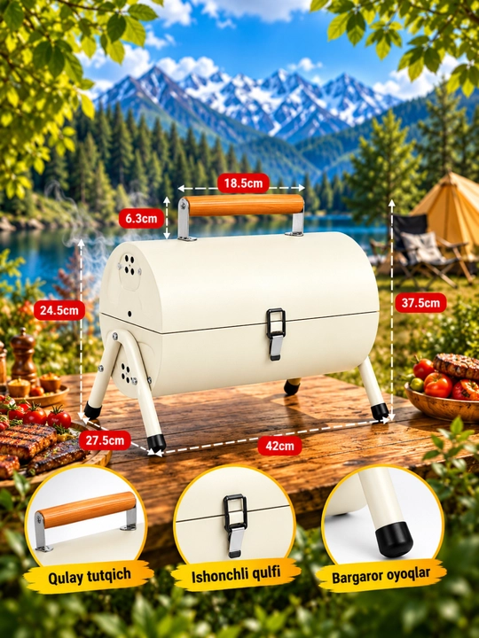 Portativ mini BBQ mangal-gril, 3xil rangda, 42sm x 37.5sm x27.5sm