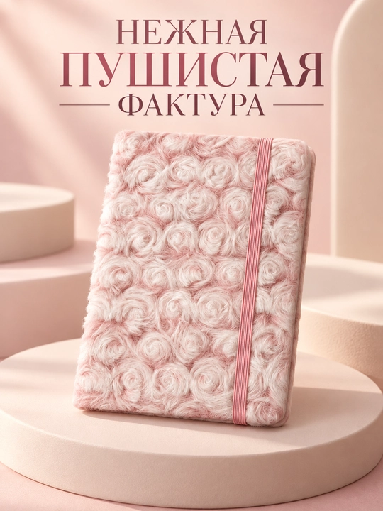 Atirgulli yumshoq tukli yozuv daftari, chiziqli va rezinkali, 2 xil o‘lchamda