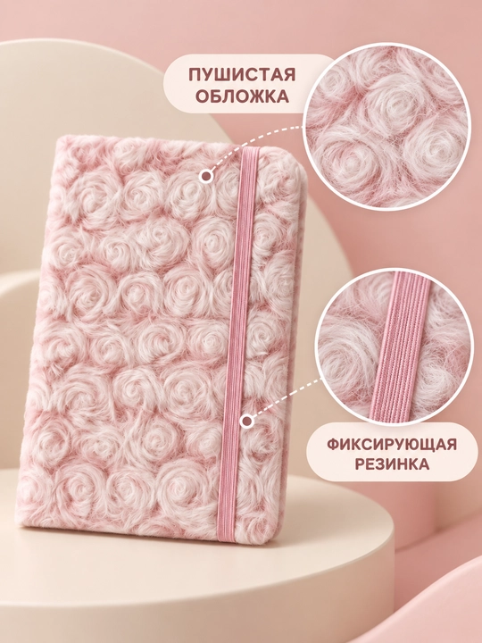 Atirgulli yumshoq tukli yozuv daftari, chiziqli va rezinkali, 2 xil o‘lchamda