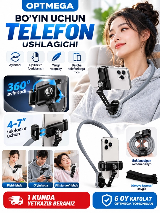 Bo‘yinga taqiladigan telefon ushlagich, 360° aylanuvchi shtativ, vlog va video olish uchun - 