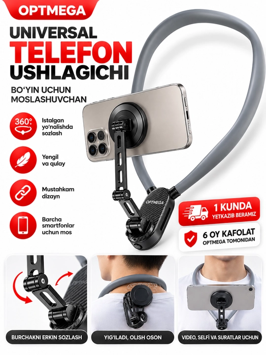 Bo‘yinga taqiladigan telefon ushlagich, 360° aylanuvchi shtativ, vlog va video olish uchun - 