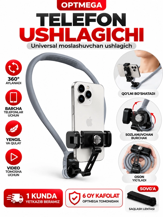 Bo‘yinga taqiladigan telefon ushlagich, 360° aylanuvchi shtativ, vlog va video olish uchun - 