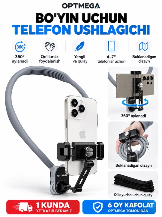 Bo‘yinga taqiladigan telefon ushlagich, 360° aylanuvchi shtativ, vlog va video olish uchun