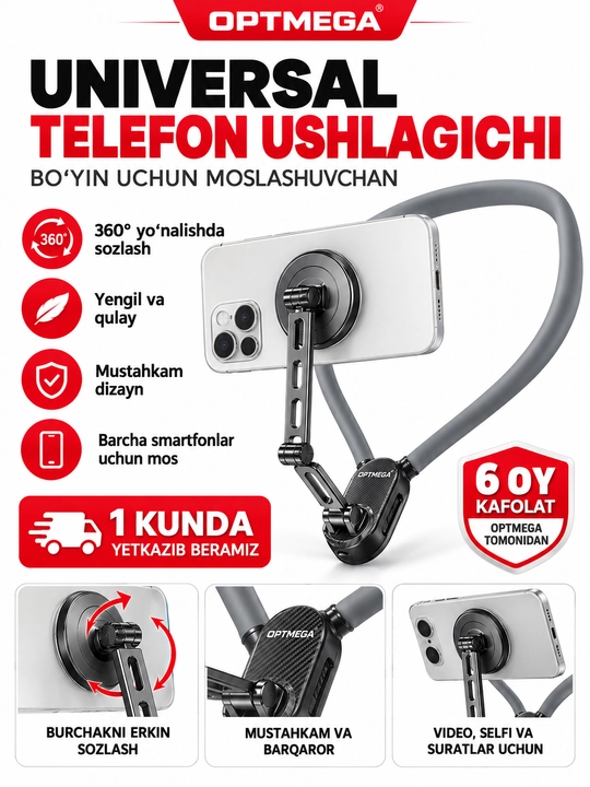 Bo‘yinga taqiladigan telefon ushlagich, 360° aylanuvchi shtativ, vlog va video olish uchun - 