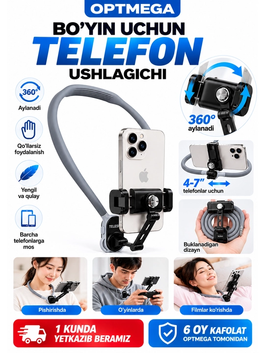 Bo‘yinga taqiladigan telefon ushlagich, 360° aylanuvchi shtativ, vlog va video olish uchun - 