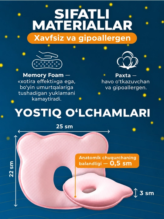 Chaqaloqlar uchun ortopedik yostiq, yangi tug‘ilgan chaqaloqlar uchun uyqu yostiqchasi