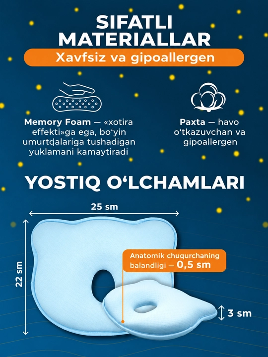 Chaqaloqlar uchun ortopedik yostiq, yangi tug‘ilgan chaqaloqlar uchun uyqu yostiqchasi