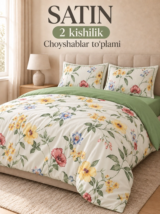 Gul naqshli choyshab to'plami, ko'rpa jildi, choyshab va 2 dona yostiq jildi - 