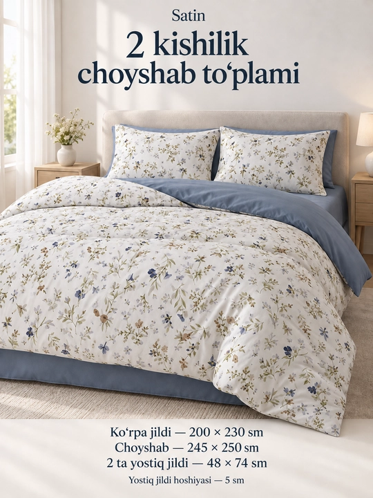 Gul naqshli choyshab to'plami, ko'rpa jildi, choyshab va 2 dona yostiq jildi - 