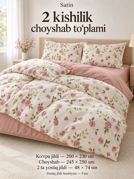 Gul naqshli choyshab to'plami, ko'rpa jildi, choyshab va 2 dona yostiq jildi - 