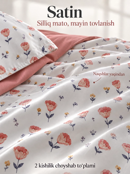 Gul naqshli choyshab to'plami, ko'rpa jildi, choyshab va 2 dona yostiq jildi - 
