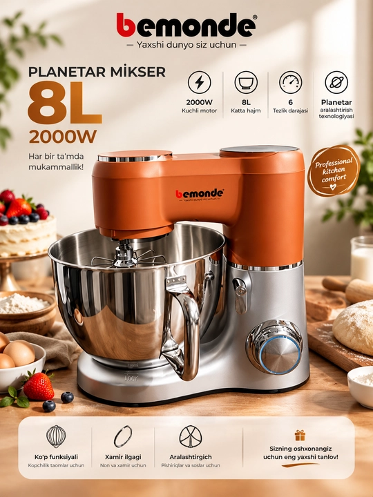 Планетарный миксер 8 л, 2000 Вт, BEMONDE BM-SM1073, 6 скоростей - 