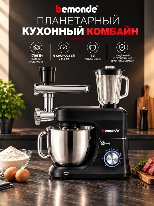 Planetar Mikser 1700 Vt, 7 L, 6 Tezlik, Blender va Go‘sht Maydalagich, Bemonde BM1003