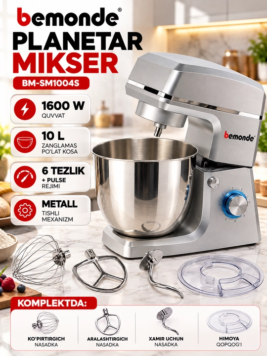 Планетарный миксер Bemonde BM-SM1004S, 1600 Вт, 10 л, 6 скоростей + импульсный режим - 