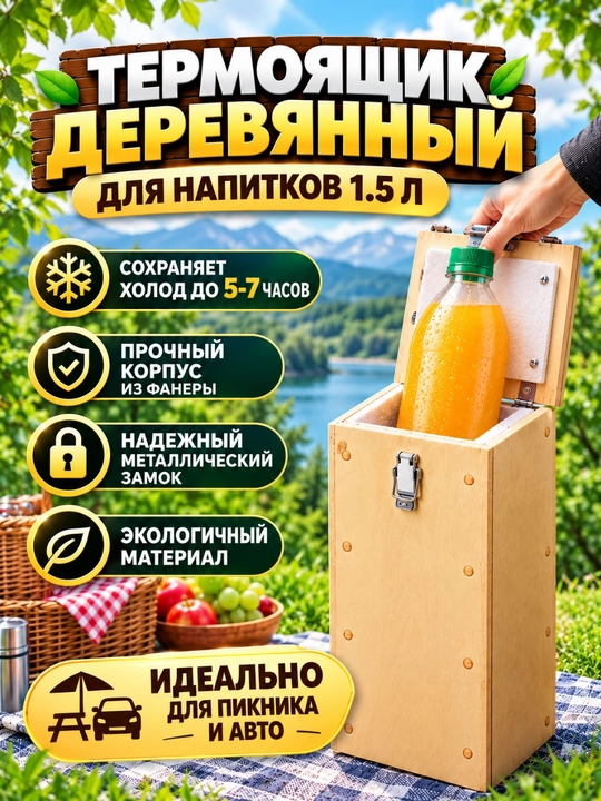 Термобокс деревянный для напитков 1.5 л, ручная работа, контейнер для пикника и авто - 