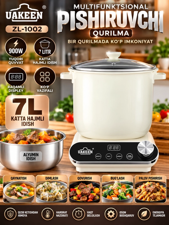 Uakeen zl 1002 multifunksiional pishiruvchi qurilma 7 l 900 vt raqamli displey