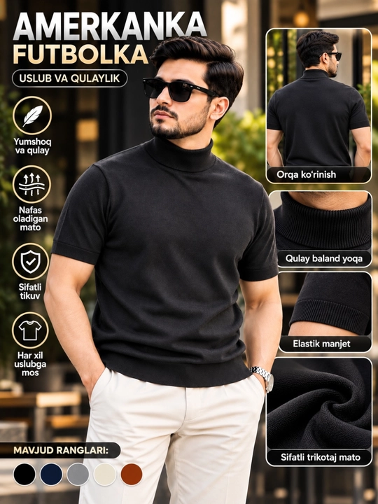 Erkaklar uchun yoqali amerikacha kardigan, kalta yengli futbolka, quyidagi o‘lchamlar mavjud: M,L,XL