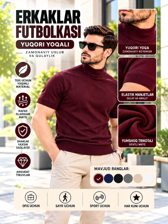 Erkaklar uchun yoqali amerikacha kardigan, kalta yengli futbolka, quyidagi o‘lchamlar mavjud: M,L,XL