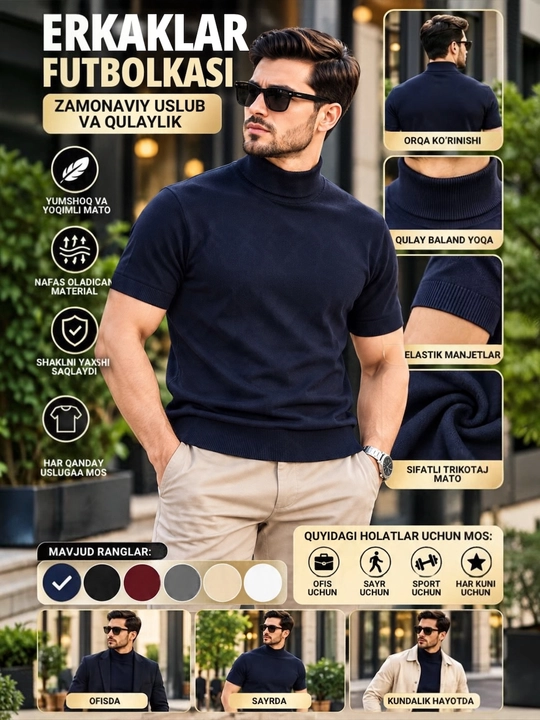 Erkaklar uchun yoqali amerikacha kardigan, kalta yengli futbolka, quyidagi o‘lchamlar mavjud: M,L,XL