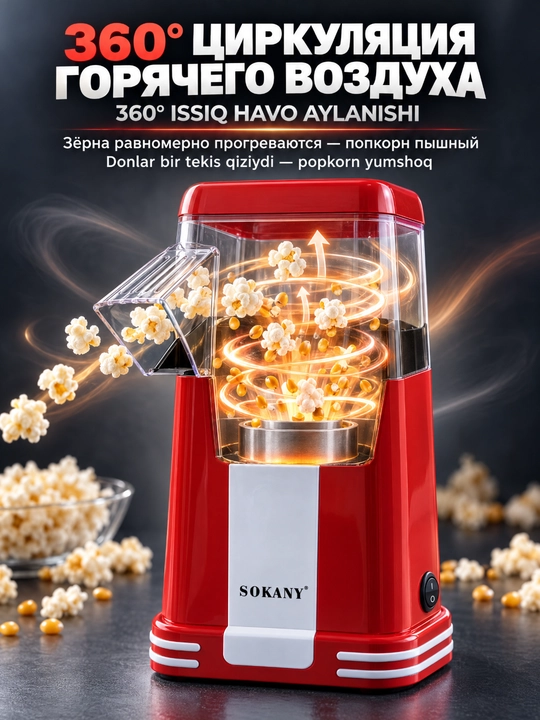 Машина для попкорна SOKANY SK-289, 1200 Вт, горячий воздух, без масла