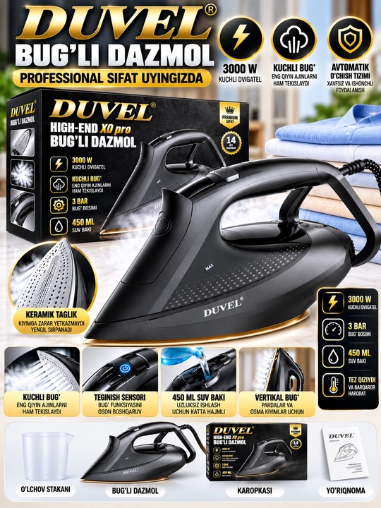 DUVEL XO Pro Bug‘li Dazmol 3000 Vt 450 ml Suv Idishi Keramik Taglik