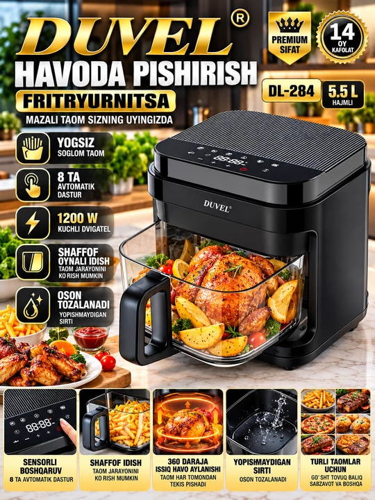 DUVEL DL-284 5 5 L Multivarka 1200 W 8 ta avtomatik dastur sensorli boshqaruv