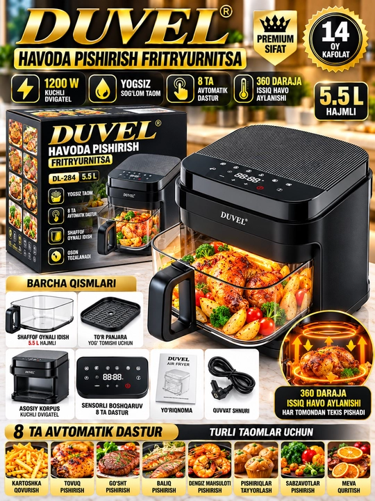 DUVEL DL-284 5 5 L Multivarka 1200 W 8 ta avtomatik dastur sensorli boshqaruv - 