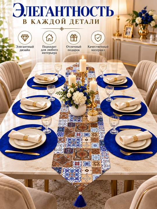 Turkiya Duck matodan Ranner 177x40 sm va tarelka uchun 31 smli bezakli va raner, dasturxon - 