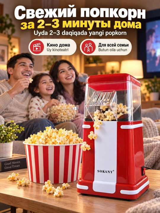 Popkorn ishlab chiqaruvchi SOKANY SK-291, 1200 Vt, issiq havo,yog'siz,uy popkorn mashinasi