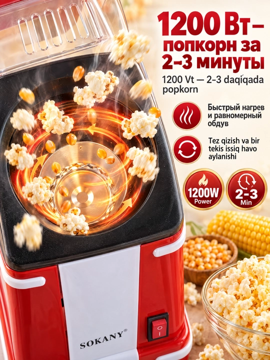 Popkorn ishlab chiqaruvchi SOKANY SK-291, 1200 Vt, issiq havo,yog'siz,uy popkorn mashinasi