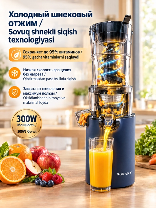 SOKANY SK-01003 sekin siquvchi sharbat chiqargich, 300 Vt, 88 mm keng kirish teshigi