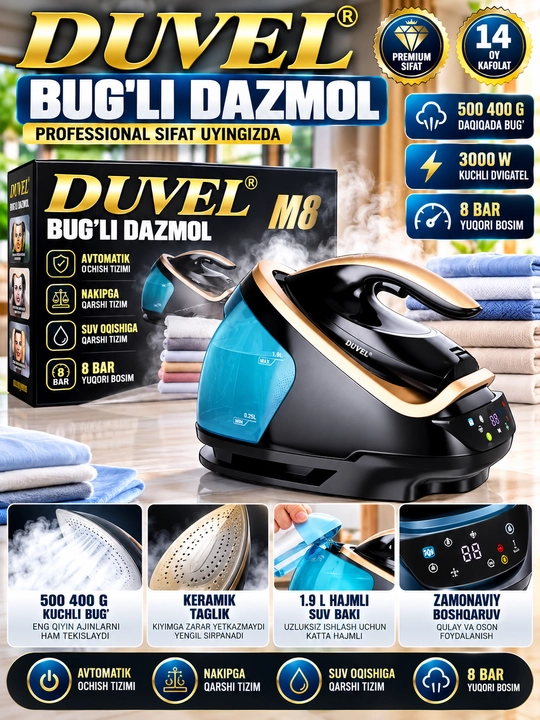 Duvel m8 bug‘li dazmol 3000 w 8 bar 1 9 l suv baki keramik taglik sensorli boshqaruv