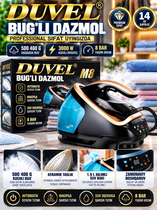Duvel m8 bug‘li dazmol 3000 w 8 bar 1 9 l suv baki keramik taglik sensorli boshqaruv