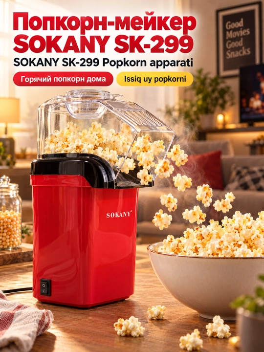 Попкорница SOKANY SK-299, 1200 Вт, аппарат для попкорна без масла - 