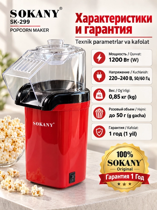 Popkorn ishlab chiqaruvchi SOKANY SK-299, 1200 Vt, yog'siz popkorn mashinasi