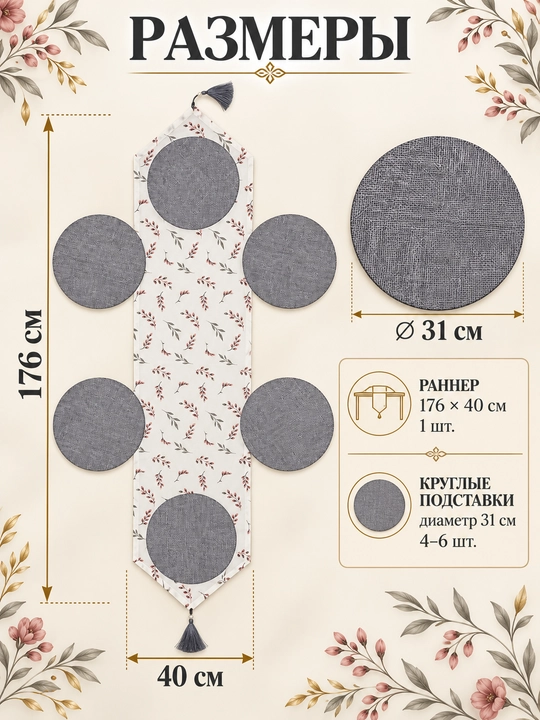 Раннер 177×40см и подтарелники 31см из Турецкой ткани Duck, подарочная скатерть, дастурхон