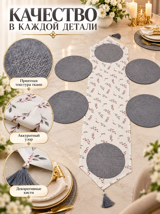 Раннер 177×40см и подтарелники 31см из Турецкой ткани Duck, подарочная скатерть, дастурхон