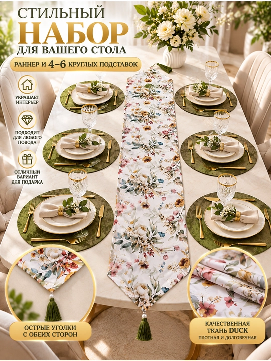Раннер 177×40см и подтарелники 31см из Турецкой ткани Duck, подарочная скатерть, дастурхон