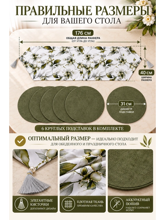 Turkiya Duck matodan Ranner 177x40 sm va tarelka uchun 31 smli bezakli va raner, dasturxon