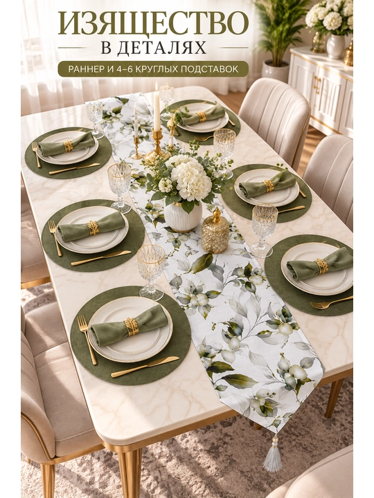 Turkiya Duck matodan Ranner 177x40 sm va tarelka uchun 31 smli bezakli va raner, dasturxon - 