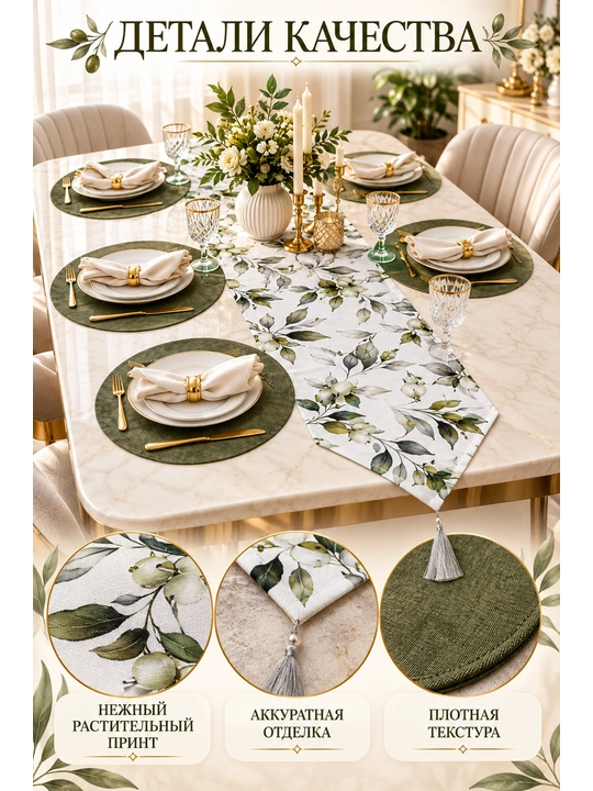 Turkiya Duck matodan Ranner 177x40 sm va tarelka uchun 31 smli bezakli va raner, dasturxon