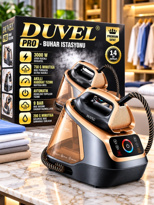 Duvel pro bug‘ stansiyasi 3000 w 9 bar 1 8 l suv baki 750 g bug‘ keramik tovon