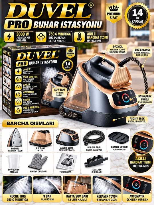 Duvel pro bug‘ stansiyasi 3000 w 9 bar 1 8 l suv baki 750 g bug‘ keramik tovon - 