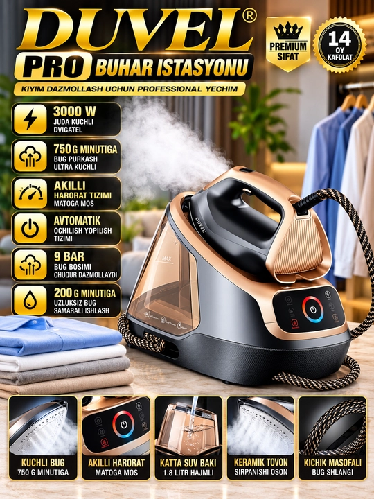 Duvel pro bug‘ stansiyasi 3000 w 9 bar 1 8 l suv baki 750 g bug‘ keramik tovon