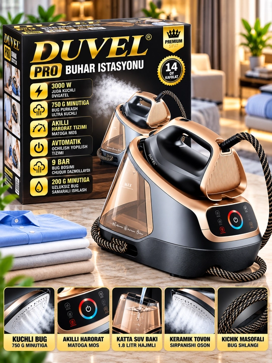 Duvel pro bug‘ stansiyasi 3000 w 9 bar 1 8 l suv baki 750 g bug‘ keramik tovon