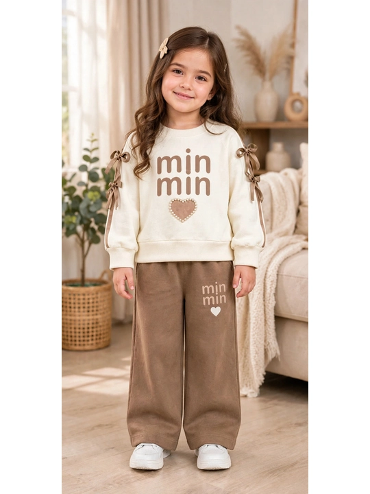 Qizlar uchun issiq kostyum Min Min 2 qismli yumshoq paxtali fliсli 1-6 yosh bej jigarrang - 